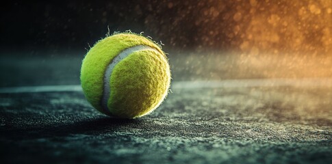 A well lit tennis ball sitting on the ground surface