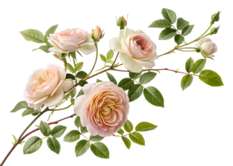 white  rose arrangement on creeping tree branches, isolated on white