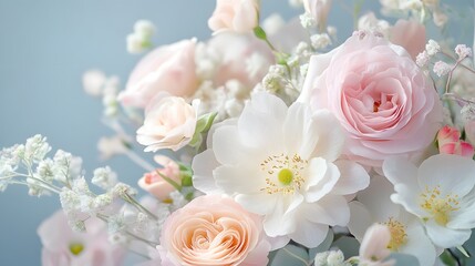 Beautiful arrangement featuring delicate pastel colored roses and white flowers