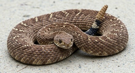 Obraz premium Coiled Desert Rattlesnake on Ground Close up View Wildlife Photography