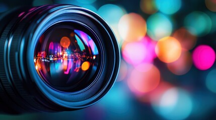 Camera lens reflecting city lights against colorful bokeh background