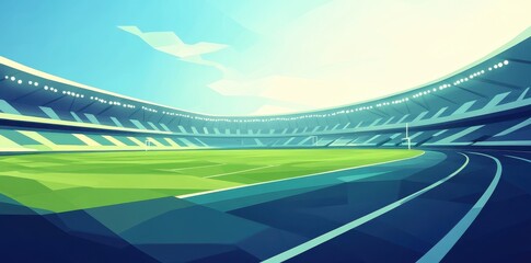 A stylized illustration shows a stadium and its surroundings