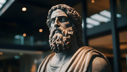Close-up of a weathered marble bust depicting a bearded ancient philosopher
