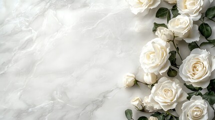 Fototapeta premium White Roses Arranged Beautifully Across A Marble Stone Surface