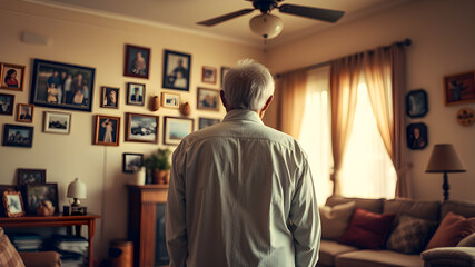 Obraz premium An old man stands with his back to an old photo in a vintage room.