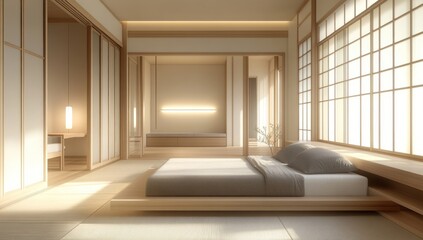 Fototapeta premium Minimalist Japanese-style bedroom with low platform bed, sliding doors, and natural light.