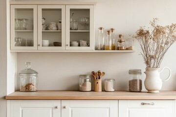 Minimalist kitchen counter with glass jars, wooden utensils, and dried flowers.