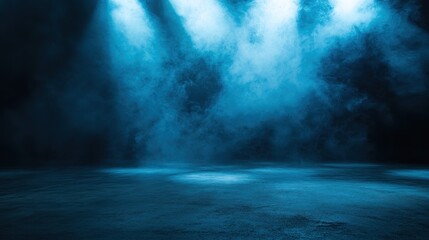 Fototapeta premium A smoky room is illuminated by bright blue spotlights
