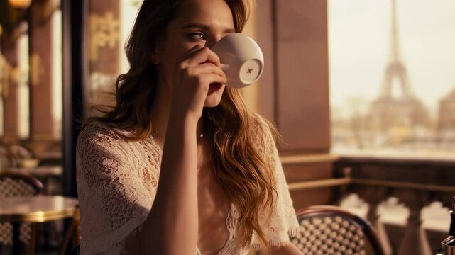 A stylish woman in a lace dress enjoys coffee at a Parisian caf&eacute;, with the Eiffel Tower in the background during golden hour.