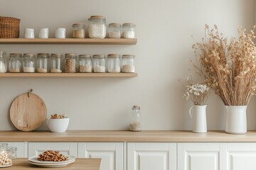 Minimalist kitchen interior with wooden shelves, jars, and dried flowers.