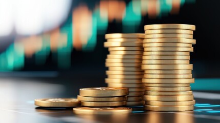 tech elements innovation friendly investment concept. Stacks of golden coins on a table with a blurred financial chart in the background.