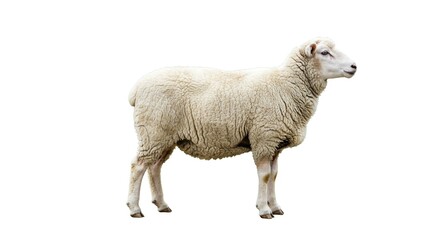 Obraz premium Fluffy White Sheep Standing Profile Farm Animal Isolated on White Background