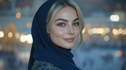 German woman wearing blue traditional abaya and hijab smiling performing worship at kaaba mecca