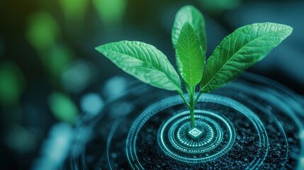 tech elements innovation friendly investment concept. A green plant grows from a dark surface, surrounded by a glowing digital pattern, symbolizing technology and nature.