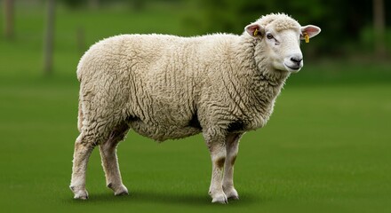 Fototapeta premium Fluffy Sheep in Green Pasture Farm Animal Wool Agriculture