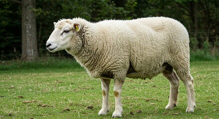Obraz premium Fluffy White Sheep in a Lush Green Pasture Farm Animal Portrait
