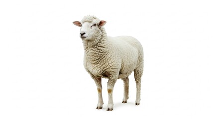 Obraz premium Fluffy White Sheep Standing Isolated on White Background Farm Animal Photography