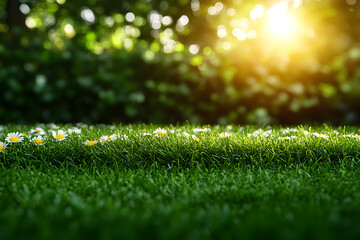 Naklejka premium Frisches grünes Gras mit Morgentau und Sonnenstrahlen im sanften Morgenlicht 
