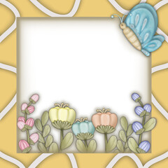 Obraz premium Paper cut style frame with pastel colored flowers and butterflies around the square hand drawn. Square frame with a pastel and floral patterns, transparent background.