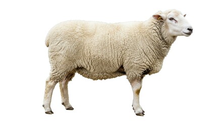 Fototapeta premium Fluffy White Sheep Standing Isolated on White Background Farm Animal Photography
