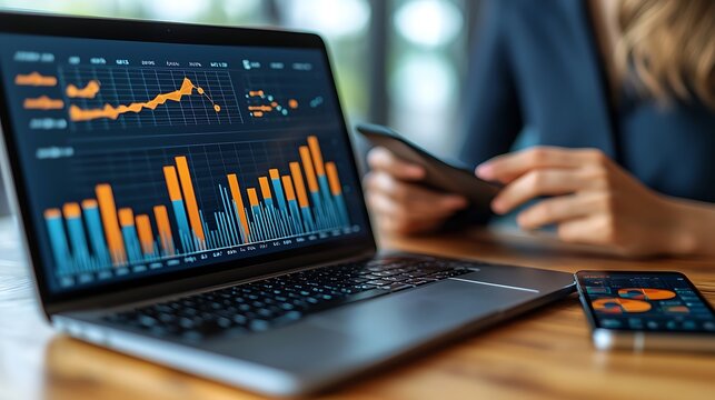 Woman analyzing data charts at a bright office