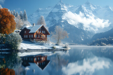 Fototapeta premium Romantisches Holzhaus am winterlichen Bergsee mit verschneiten Gipfeln und Spiegelung 
