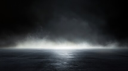 Dark and mysterious scene features a wet surface and fog