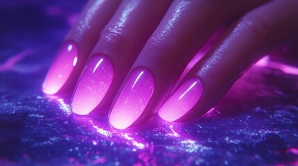 Closeup of  glowing,  pink ombre nails on a textured,  purple surface.  Background  features  neon lights.  For beauty,  fashion  or  nail  art  design