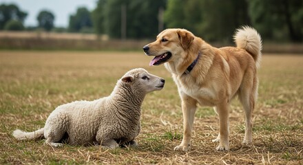 Fototapeta premium Adorable Lamb and Golden Dog Friends in a Rural Field