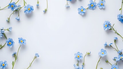 Delicate blue flowers scattered on a bright white background softly frame