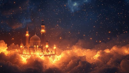 Golden Mosque on Clouds Under a Starry Night Sky