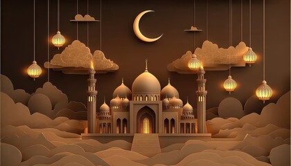 Golden Mosque Paper Art at Night with Crescent Moon and Lanterns