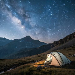 a tent in mountains and starry night