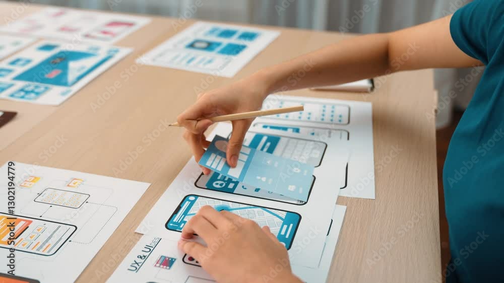 Poster startup company employee planning for user interface prototype for mobile application or website in 