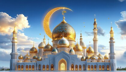 Obraz premium Grand Mosque with Golden Domes under a Crescent Moon