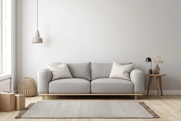 Minimalist living room interior with grey sofa, rug, and side table.
