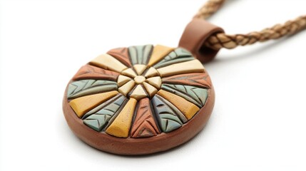Colorful Terracotta Pendant with Geometric and Leaf Patterns