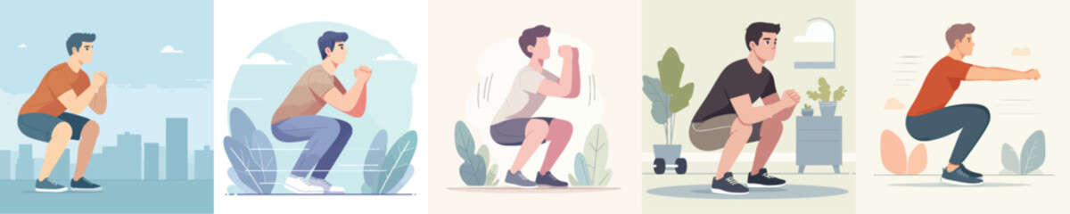 young man vector doing squat jump