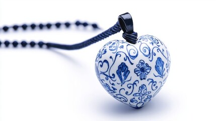 Fototapeta premium Elegant Blue and White Heart Pendant on Black Cord Necklace