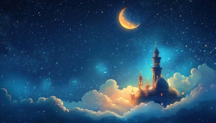 Mosque on Clouds Under Night Sky with Crescent Moon and Stars