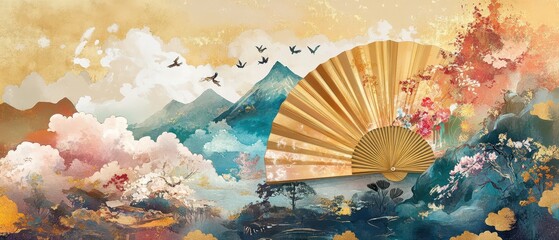 Ornate folding fan with intricate Japanese landscape painting, soft watercolor and fine gold detailing