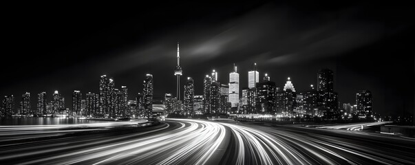Toronto skyline at night with light streaks from passing traffic