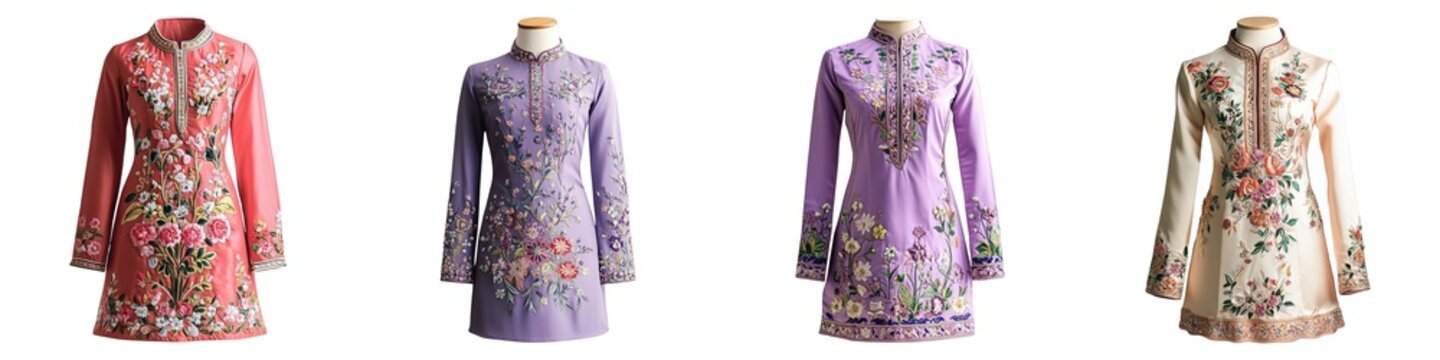 Collection of Beautiful Embroidered Baju Kurung Dress with Vibrant Colors and Intricate Patterns Isolated on Transparent Background