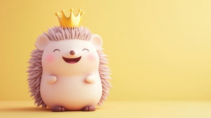 Cute 3D cartoon hedgehog with a little crown, sitting happily against a pastel yellow background
