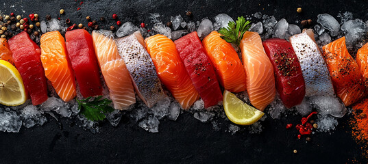 A variety of fish fillets arranged on an ice bed, with fresh salmon and herring slices accented by spices
