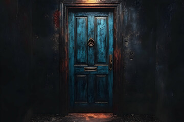Mysterious teal door with aged texture against dark and moody background