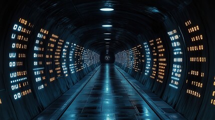 Futuristic tunnel interior with glowing data displays