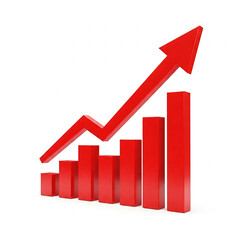 business graph with red arrow. Red upward arrow graph showing rising trend on white background.