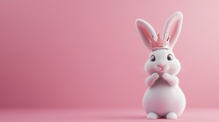 Obraz premium Happy 3D cartoon rabbit with a fancy crown, standing against a pastel pink background