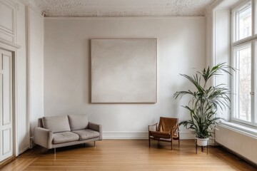 Minimalist living room with beige sofa, armchair, and large artwork. (1)